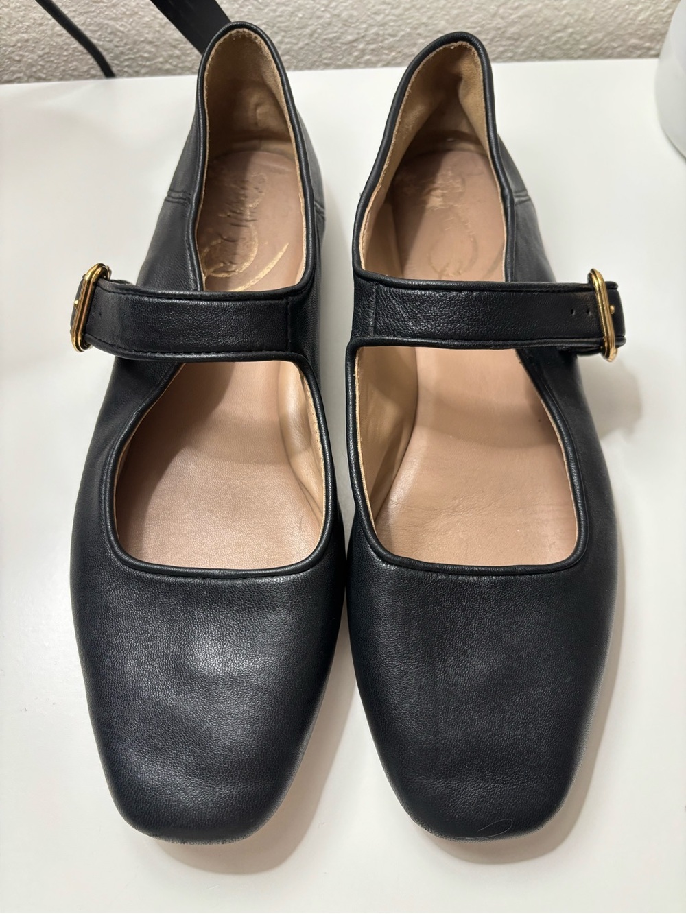 Sam Edelman Black Leather Mary Jane Flats with Gold Buckles